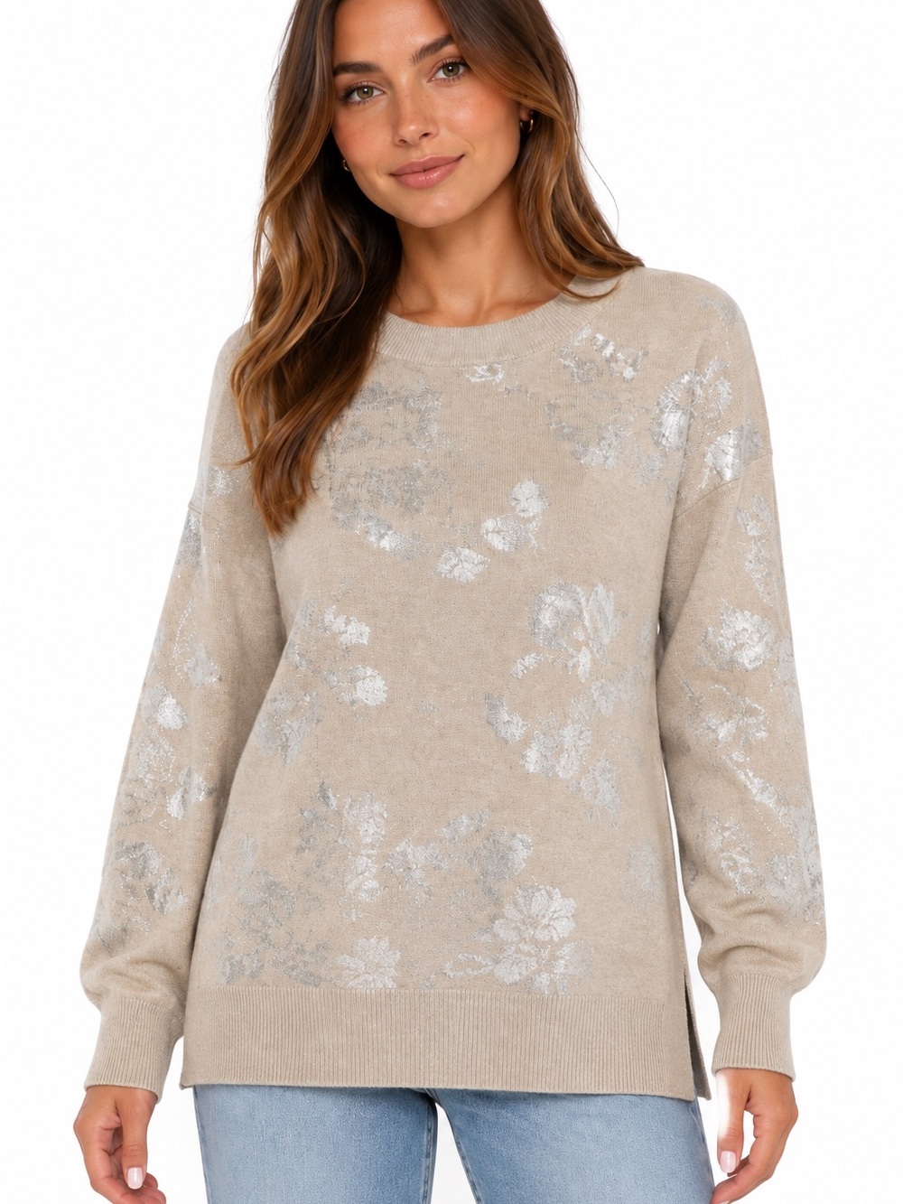 CUPIO tan sweater with silver metallic floral print size 1X new
